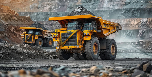 The industrial site at the openpit mine is bustling with yellow mining trucks and heavy machinery on a sunny day. Стоковое AI-изображение, AI-художник Anastasy Yarmolovich / Фотобанк Лори