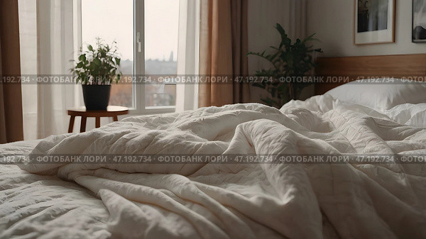 The interior of a modern house. A minimalistic cozy beige bedroom interior with a plaid, pillows, a headboard, linen linens and a bedside table. Стоковое AI-изображение, AI-художник Photojuli / Фотобанк Лори