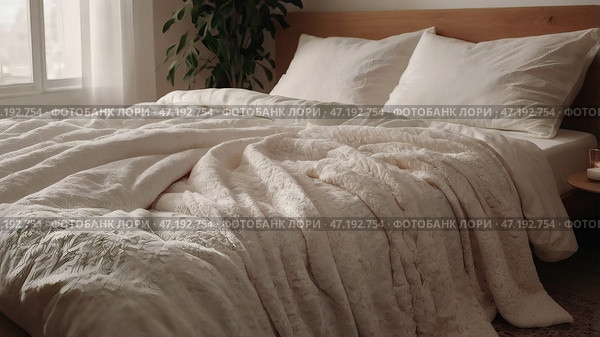 The interior of a modern house. A minimalistic cozy beige bedroom interior with a plaid, pillows, a headboard, linen linens and a bedside table. Стоковое AI-изображение, AI-художник Photojuli / Фотобанк Лори