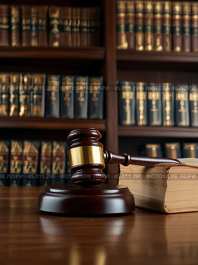 The judge's gavel lies on the table against the background of normative acts standing on the shelf. The judge's gavel is a symbol of power and the right to perform statutory actions in the position of a judge or presiding judge. Стоковое AI-изображение, AI-художник Сергей Елизарьев / Фотобанк Лори
