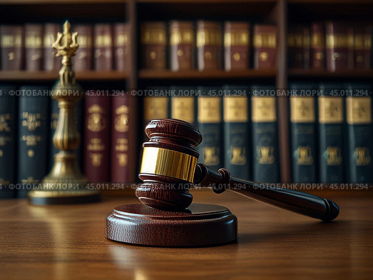 The judge's gavel lies on the table against the background of normative acts standing on the shelf. The judge's gavel is a symbol of power and the right to perform statutory actions in the position of a judge or presiding judge. Стоковое AI-изображение, AI-художник Сергей Елизарьев / Фотобанк Лори