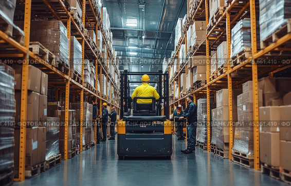 The loader rides along the rows in the warehouse. The concept of logistics. Стоковое AI-изображение, AI-художник Ярославский Максим / Фотобанк Лори