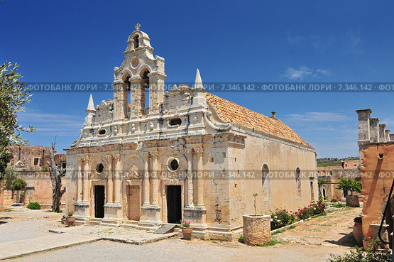The main church of Arkadi Monastery, symbol of the struggle of Cretans against the Ottoman Empire , Rethymno, Crete, Greece. Стоковое фото, агентство BE&W Photo / Фотобанк Лори