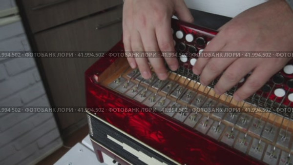 The man checks the compression of the butt button. It presses the valves to the body and spreads the fur. Bayan repair and maintenance. Стоковое видео, видеограф Vadzim Yakubovich / Фотобанк Лори
