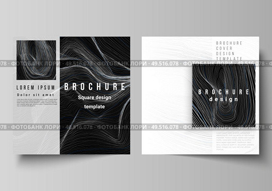 The minimal vector illustration of editable layout of two square format covers design templates for brochure, flyer, magazine. Smooth smoke wave, hi-tech concept black color techno background. The minimal vector illustration of editable layout of two square format covers design templates for brochure, flyer, magazine. Smooth smoke wave, hi-tech concept black color techno background. Стоковая иллюстрация, агентство Ingram Publishing / Фотобанк Лори