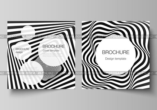 The minimal vector layout of two square format covers design templates for brochure, flyer, magazine. Abstract 3D geometrical background with optical illusion black and white design pattern. The minimal vector layout of two square format covers design templates for brochure, flyer, magazine. Abstract 3D geometrical background with optical illusion black and white design pattern. Стоковая иллюстрация, агентство Ingram Publishing / Фотобанк Лори