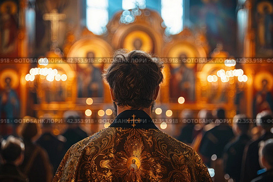 The Moment of Baptism in a Halo of Holiness: A Priest Turned to the Sources of Spiritual Power in the Person of Holy Icons. Стоковое AI-изображение, AI-художник Юрий Поздников / Фотобанк Лори