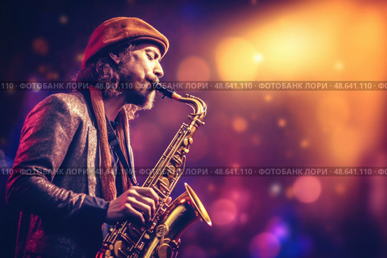 The musician expertly plays the saxophone, surrounded by vibrant lights at a lively jazz concert in the evening. Стоковое AI-изображение, AI-художник Данила Большаков / Фотобанк Лори