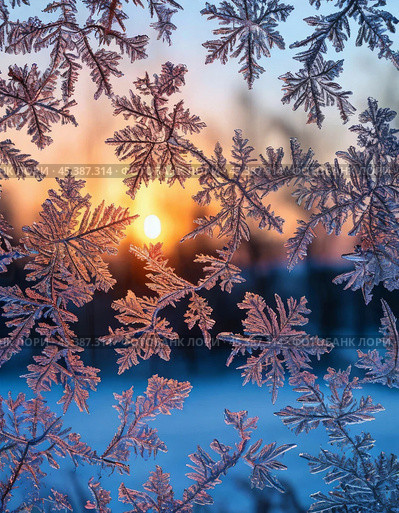 The night frost painted patterns on the window panes. New Year's decor. Festive New Year's atmosphere. Стоковое AI-изображение, AI-художник Сергей Елизарьев / Фотобанк Лори