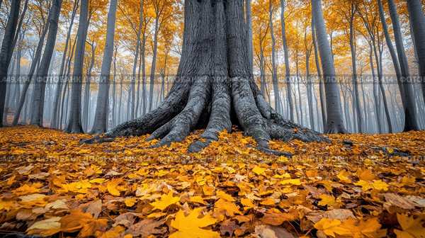 The old oak, like the guardian of the park, silently observes the people passing by. Its bark, cracked and rough, tells of the many years it has lived through. The bare, black branches reach towards the sky, as if begging for a last ray of sun. Стоковое AI-изображение, AI-художник Ярославский Максим / Фотобанк Лори