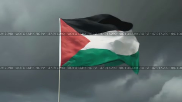 The Palestinian flag waving in the wind against an overcast dramatic dark sky. Стоковое AI-видео, аниматор Михаил Строгалев / Фотобанк Лори