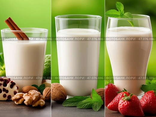 The photo shows three glasses of milk, each decorated with different additives. Стоковое AI-изображение, AI-художник Наталья Синцова / Фотобанк Лори