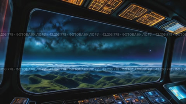The porthole of a spaceship with a view of the planet. AI. Стоковое AI-видео, аниматор Виктория Кольцова / Фотобанк Лори