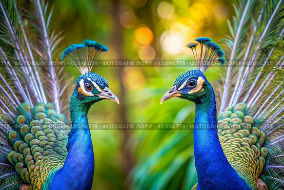 The rainforest. Two large beautiful peacocks on a blurred tropical background. Close-up. Стоковое AI-изображение, AI-художник Photojuli / Фотобанк Лори