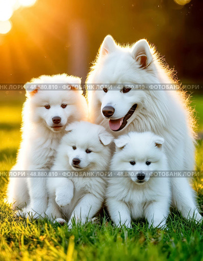 The Samoyed dog (Samoyed, Samoyed Spitz, Sammy) is one of the oldest dog breeds, which belongs to the primitive (aboriginal) breeds. It originates from the Far North of Eurasia. The corners of the mouth are slightly bent, forming a characteristic "Samoyed smile". Стоковое AI-изображение, AI-художник Сергей Елизарьев / Фотобанк Лори