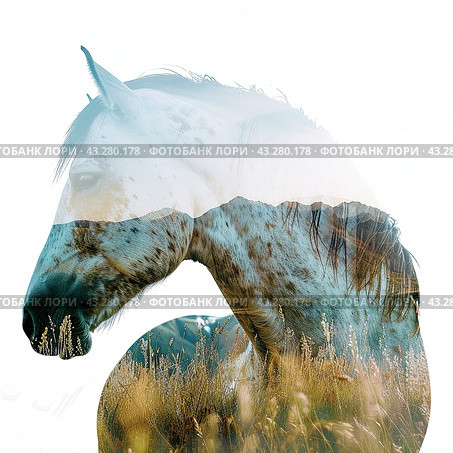The silhouette of a horse against the background of mountains and fields with grass. Double exposure. Стоковое AI-изображение, AI-художник Ярославский Максим / Фотобанк Лори