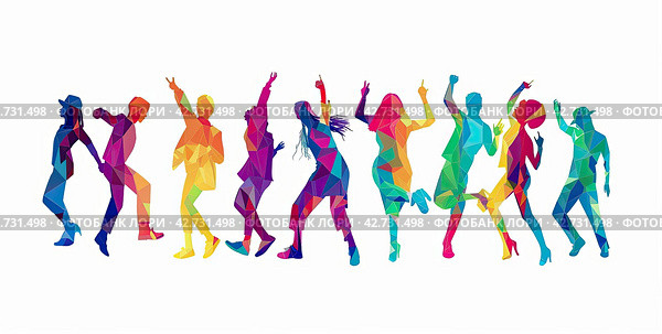 The silhouette of a performing dance troupe with dynamic poses in multicolored tones and a watercolor gradient on a white background, reminiscent of a bright dance performance. Стоковое AI-изображение, AI-художник Ярославский Максим / Фотобанк Лори