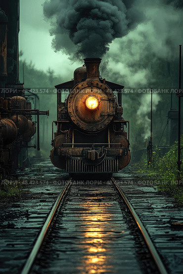 The steam locomotive emits dark smoke while traversing rain-soaked tracks surrounded by lush greenery in a twilight forest atmosphere. Стоковое AI-изображение, AI-художник Данила Большаков / Фотобанк Лори