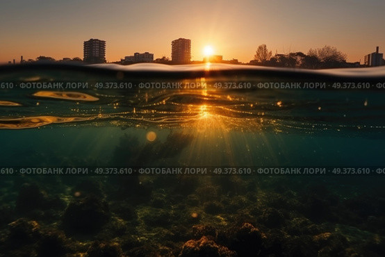 The suns rays illuminate the waters surface, creating a dazzling reflection under the clear blue sky. Стоковое AI-изображение, AI-художник Данила Большаков / Фотобанк Лори
