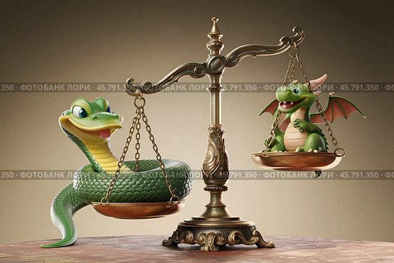 The symbol of 2025, the green snake, and the symbol of the outgoing 2024, the dragon, on old vintage scales find out who is more important. Стоковое AI-изображение, AI-художник Сергей Комаров / Фотобанк Лори