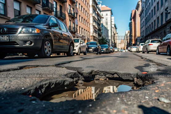 The terrible condition of the roads. A hole in the asphalt on a city street. Road repairs. A city street of poor quality. Стоковое AI-изображение, AI-художник Photojuli / Фотобанк Лори