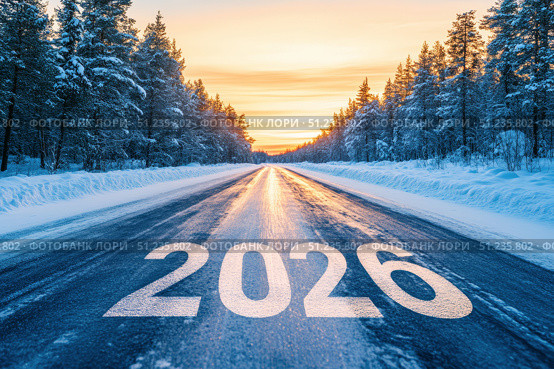 The text 2026 on the road with beautiful natural Lapland landscape and sunset sky. Стоковое AI-изображение, AI-художник Irina Kuchugurina/Gaudy / Фотобанк Лори