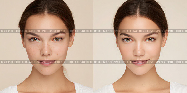 The two images show a woman with different makeup styles. Стоковое AI-изображение, AI-художник Ярославский Максим / Фотобанк Лори
