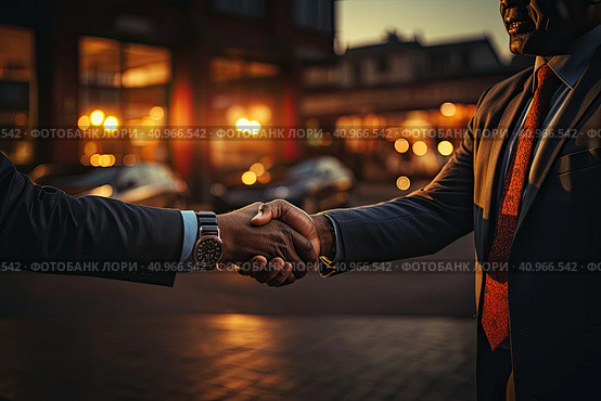 The two men handshake in the office on the sunset background. Buying a car in a car dealership concept. leasing, carsharing, car rent. Стоковое AI-изображение, AI-художник Ирина Михайличенко / Фотобанк Лори
