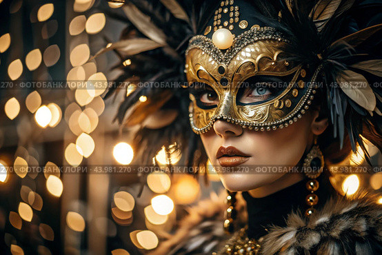 The Venetian Carnival. Close-up of a woman in an ornate carnival mask. Bright colors convey an atmosphere of celebration and luxury. Стоковое AI-изображение, AI-художник Photojuli / Фотобанк Лори