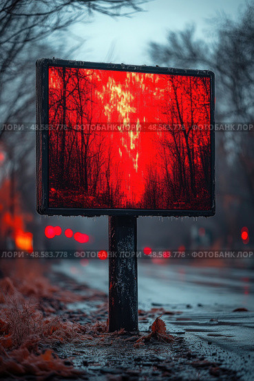 The vibrant red billboard illuminates the damp street, creating an unsettling contrast with the surrounding dark trees at dusk. Стоковое AI-изображение, AI-художник Данила Большаков / Фотобанк Лори