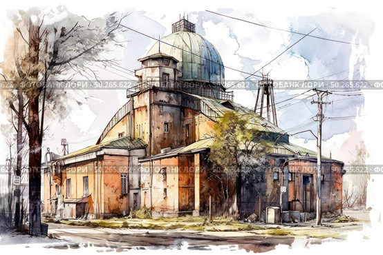 The watercolor illustration depicts an old industrial building with a domed roof, built in an architectural style reminiscent of the Soviet era. The building appears abandoned and dilapidated, with peeling plaster, metal structures, and a grid of wires crisscrossing the sky. In the foreground are trees, a sidewalk, and a road sign. The atmosphere of the scene conveys a mood of abandonment, time, and decay, evoking an interest in industrial aesthetics and urban environments. Стоковое AI-изображение, AI-художник Анна Кривицкая / Фотобанк Лори
