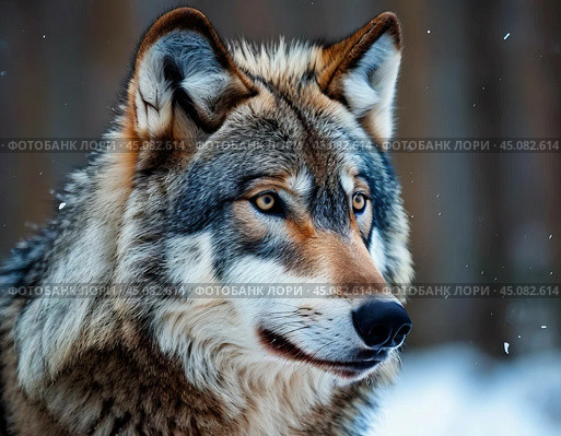 The wolf, or gray wolf, or common wolf (Latin: Canis lupus), is a species of predatory mammal from the canine family (Canidae). Стоковое AI-изображение, AI-художник Сергей Елизарьев / Фотобанк Лори