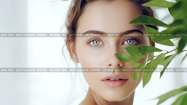 The woman exhibits a radiant and healthy complexion accentuated by soft lighting and lush green plants, creating a tranquil and inviting atmosphere. Стоковое AI-изображение, AI-художник Sergey Grishin / Фотобанк Лори