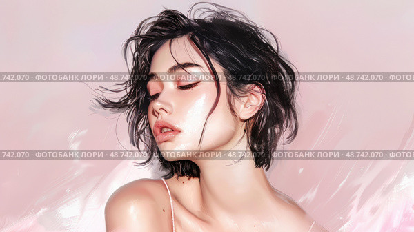 The young woman displays a calm demeanor, her tousled hair framing her face and a soft, pastel background enhancing her beauty. Стоковое AI-изображение, AI-художник Данила Большаков / Фотобанк Лори
