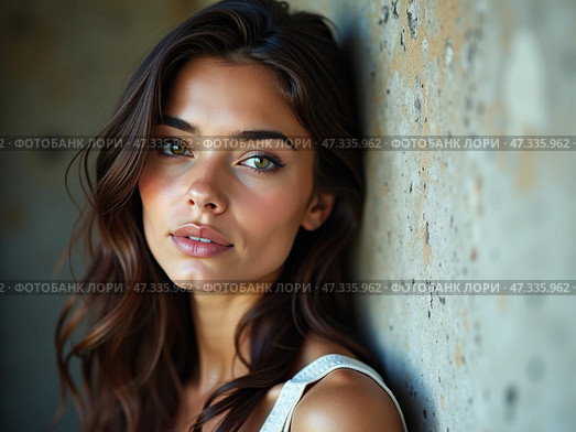 The young woman with wavy brown hair gazes thoughtfully at the viewer, her striking green eyes conveying a sense of depth and intrigue in soft, warm light. Стоковое AI-изображение, AI-художник Sergey Grishin / Фотобанк Лори