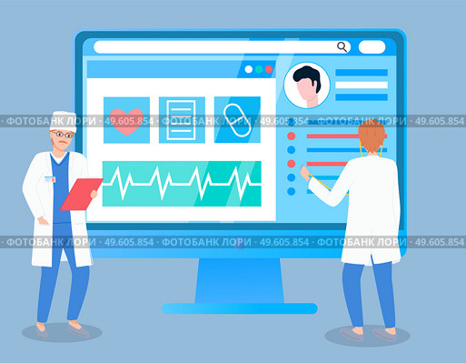 Therapist with clipboard,male doctor with stethoscope standing near huge conceptual monitor screen, consultation patient online. Medical video conference, heart symbol, pills, prescription, cardiogram. Online medicine concept. Doctors examine patient online via monitor. Cardiology, heart attack. Стоковая иллюстрация, агентство Ingram Publishing / Фотобанк Лори