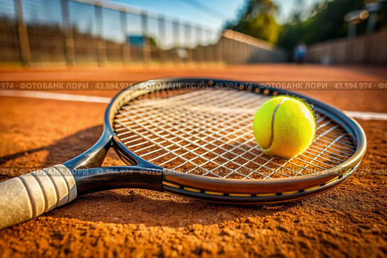 There is a yellow tennis ball and a tennis racket on the dirt court. A summer sport. Great tennis. Стоковое AI-изображение, AI-художник Photojuli / Фотобанк Лори