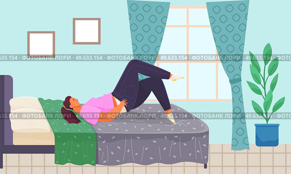 Thick girl puts on skinny jeans lies on bed, young fat woman relaxing in mattress in bedroom. Female character puts on pants while lying on couch at home in living room isolated. Thick girl puts on skinny jeans lies on bed, young fat woman relaxing in mattress in bedroom. Стоковая иллюстрация, агентство Ingram Publishing / Фотобанк Лори