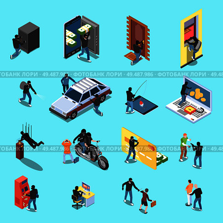 Thief during atm robbery car stealing internet fraud isometric icons on blue background isolated vector illustration. Стоковая иллюстрация, агентство Ingram Publishing / Фотобанк Лори