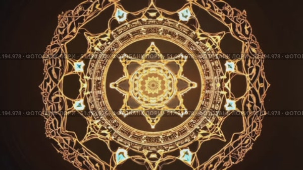This captivating visual showcases a stunning golden mandala, featuring detailed patterns illuminated against a dark background, creating a dazzling effect. Стоковое AI-видео, аниматор Данила Большаков / Фотобанк Лори