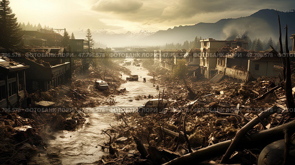 This haunting image captures a ravaged town in the aftermath of a massive flood, with remnants of life peeking through the destruction as the sun sets on the horizon. Стоковое AI-изображение, AI-художник Данила Большаков / Фотобанк Лори