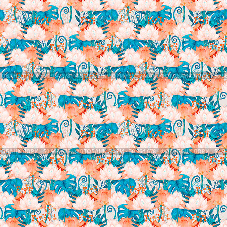 This is a Vibrant Tropical Floral Pattern that features Colorful Elements throughout the design. Стоковая иллюстрация, иллюстратор Елена Захаревич / Фотобанк Лори