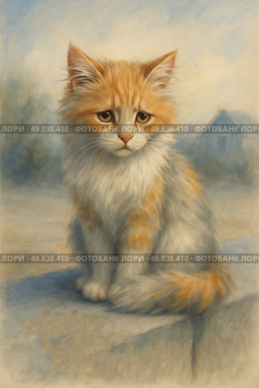 This touching pastel illustration features a fluffy ginger kitten with a sad expression. It sits alone on the edge of a stone slab against a soft countryside backdrop, with a fuzzy silhouette of a cottage and a gentle blue sky. The soft, blurry strokes and warm palette create an atmosphere of coziness, but also sadness and loneliness. This image evokes sympathy and is perfect for use in social campaigns for animal rights, children's books, cards, posters and illustrations with an emotional background. Стоковое AI-изображение, AI-художник Анна Кривицкая / Фотобанк Лори