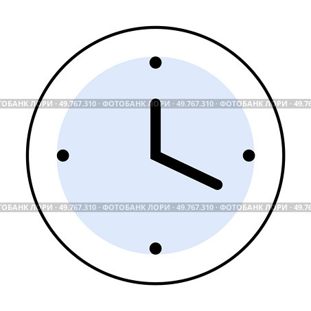 This vector image features a minimalist black and white wall clock with a blue face, simple black hour markers, and black hour and minute hands. Ideal for modern design, time-themed projects. Minimalist Black and White Wall Clock Design with Blue Face and Simple Markers. Стоковая иллюстрация, агентство Ingram Publishing / Фотобанк Лори