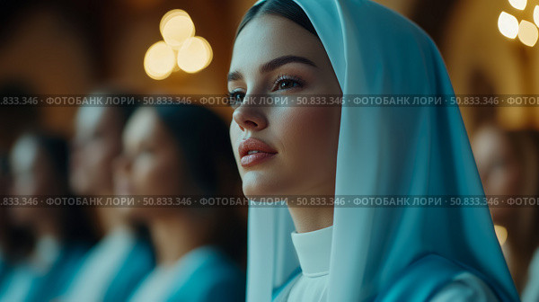 Thoughtful Nun: A moment of solemn reflection, evoking serenity and contemplative mood, for religious illustration and quiet reflection. Стоковое AI-изображение, AI-художник Данила Большаков / Фотобанк Лори