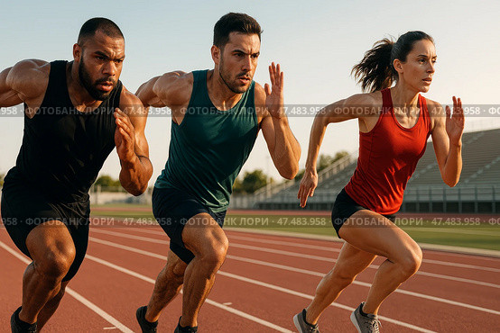 Three Athletes Sprinting on a Track During Sunset in a Competitive Training Session. Стоковое AI-изображение, AI-художник Юлия Гапеенко / Фотобанк Лори