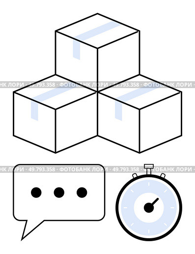 Three boxes stacked a speech bubble with ellipsis and a classic stopwatch. Ideal for logistics, efficiency, shipping, communication, time management, deadlines, teamwork. Line metaphor. Boxes, Chat Bubble, and Stopwatch Representing Efficiency, Communication, and Time Management. Стоковая иллюстрация, агентство Ingram Publishing / Фотобанк Лори