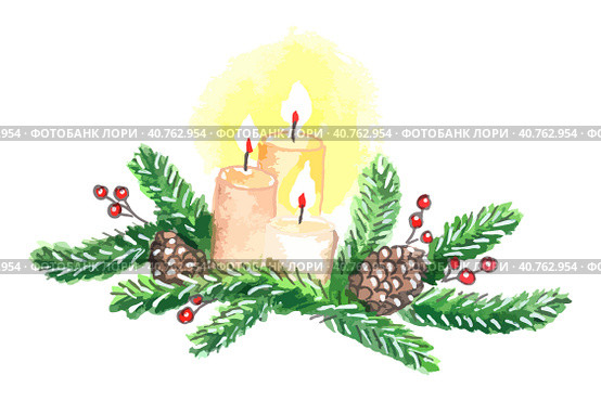 Three burning wax candles decorated with spruce branch and fir cone. Стоковая иллюстрация, иллюстратор Ольга Головкина / Фотобанк Лори