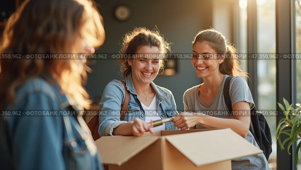Three cheerful friends gather around a cardboard box, excitedly unboxing its contents in a bright, warmly lit room, showcasing their friendship and teamwork. Стоковое AI-изображение, AI-художник Sergey Grishin / Фотобанк Лори