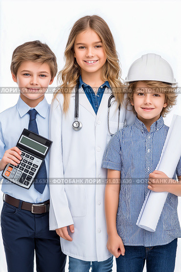 Three children dressed as professionals, one with a calculator, another in a hard hat and goggles, and the last holding blueprints, showcasing future career aspirations and teamwork. Стоковое AI-изображение, AI-художник Ирина Ручушкина / Фотобанк Лори